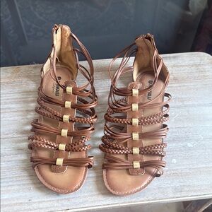 Brown Gladiator Sandals with Ankle Straps and Flat Sole